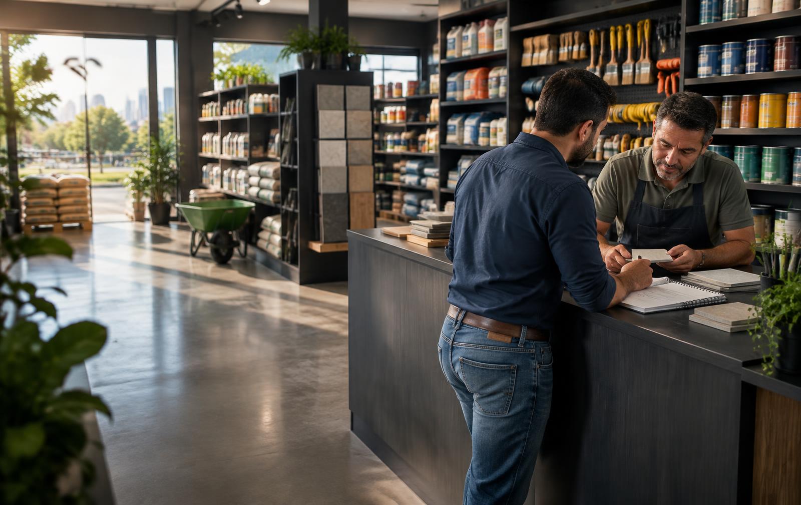 Representante comercial conversa com lojista sobre produtos e planejamento